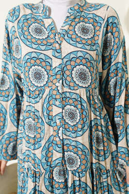 Düğme Detaylı Desenli Elbise Mavi - Elbise