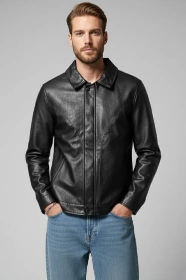 Düğme Detaylı Fermuarlı Erkek Deri Ceket Siyah - Erkek Ceket