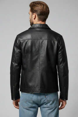 Düğme Detaylı Fermuarlı Erkek Deri Ceket Siyah - Erkek Ceket