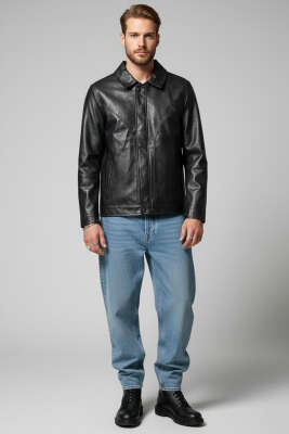 Düğme Detaylı Fermuarlı Erkek Deri Ceket Siyah - Erkek Ceket
