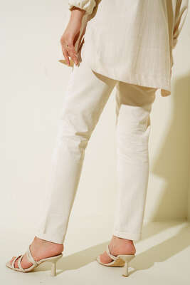 Düğme Detaylı Fermuarlı Keten Pantolon Bej - Pantolon