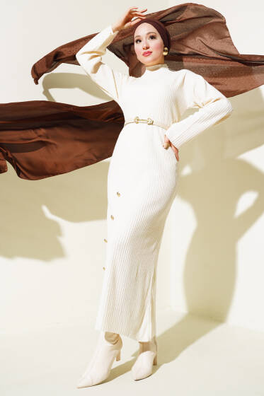 Düğme Detaylı Fitilli Triko Elbise Bej - Elbise