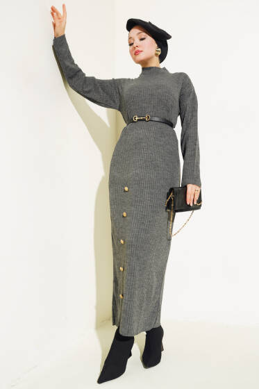Düğme Detaylı Fitilli Triko Elbise Gri - Elbise