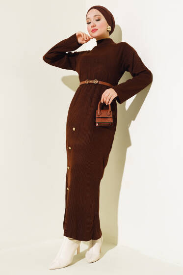 Düğme Detaylı Fitilli Triko Elbise Kahve - Elbise