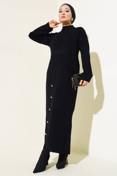 Düğme Detaylı Fitilli Triko Elbise Siyah - Elbise