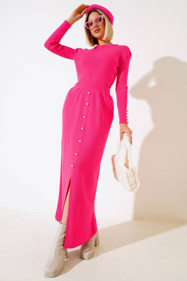 Düğme Detaylı Fitilli Yırtmaçlı Triko Takım Fuşya - Triko