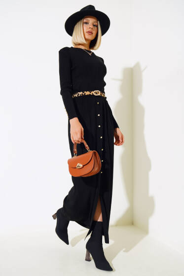 Düğme Detaylı Fitilli Yırtmaçlı Triko Takım Siyah - Triko