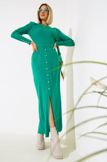 Düğme Detaylı Fitilli Yırtmaçlı Triko Takım Zümrüt - Triko
