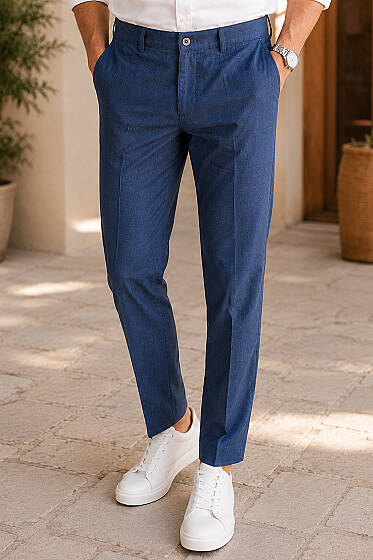 Düğme Detaylı Gabardin Erkek Pantolon Mavi - Erkek Pantolon