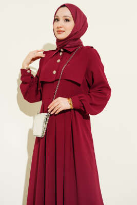 Düğme Detaylı Jile Elbise Bordo - Elbise