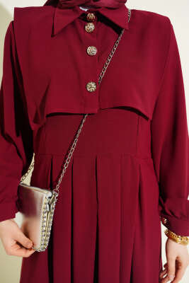 Düğme Detaylı Jile Elbise Bordo - Elbise