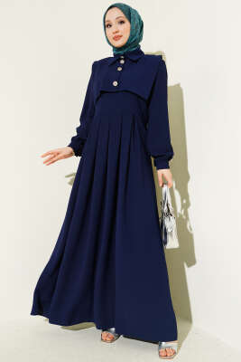 Düğme Detaylı Jile Elbise Lacivert - EFSUN MODA