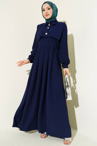 Düğme Detaylı Jile Elbise Lacivert - Elbise