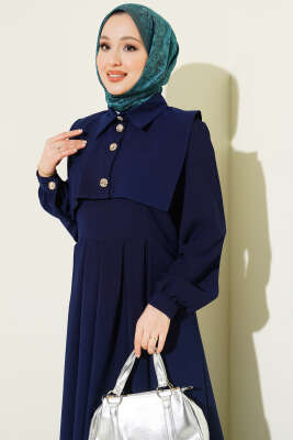 Düğme Detaylı Jile Elbise Lacivert - Elbise