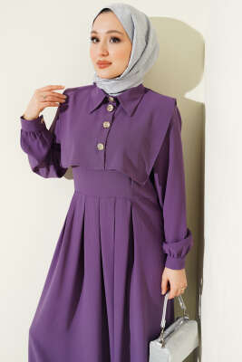 Düğme Detaylı Jile Elbise Lila - EFSUN MODA