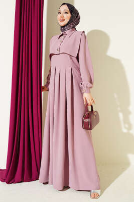 Düğme Detaylı Jile Elbise Pudra - EFSUN MODA