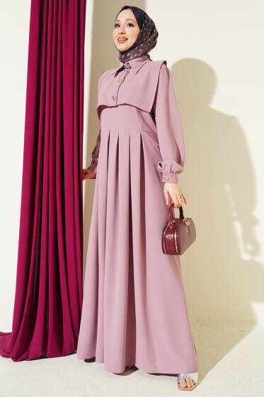 Düğme Detaylı Jile Elbise Pudra - Elbise
