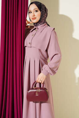 Düğme Detaylı Jile Elbise Pudra - Elbise