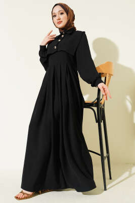 Düğme Detaylı Jile Elbise Siyah - EFSUN MODA
