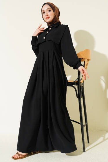 Düğme Detaylı Jile Elbise Siyah - Elbise