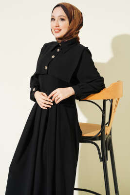 Düğme Detaylı Jile Elbise Siyah - Elbise