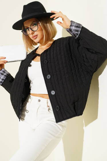 Düğme Detaylı Kapitone Ceket Siyah - Kadın Giyim Modelleri