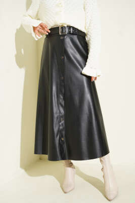 Düğme Detaylı Kemerli Deri Etek Siyah - ALİ AKKAYA