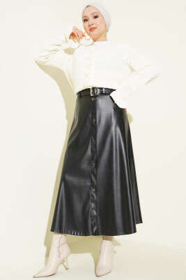 Düğme Detaylı Kemerli Deri Etek Siyah - Etek