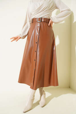 Düğme Detaylı Kemerli Deri Etek Taba - ALİ AKKAYA