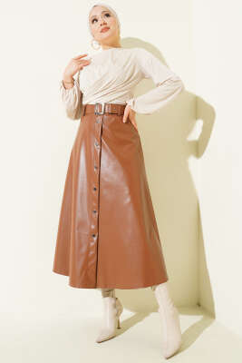 Düğme Detaylı Kemerli Deri Etek Taba - Etek