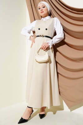 Düğme Detaylı Kemerli Jile Elbise Bej 