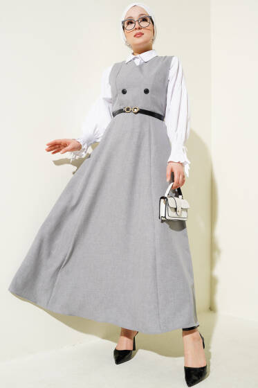 Düğme Detaylı Kemerli Jile Elbise Gri - Elbise