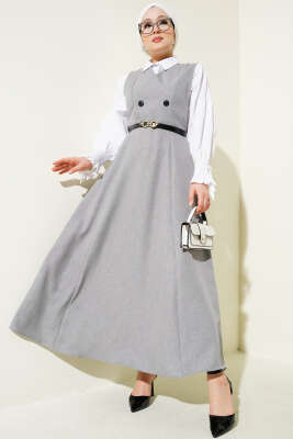 Düğme Detaylı Kemerli Jile Elbise Gri 