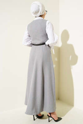 Düğme Detaylı Kemerli Jile Elbise Gri - Tesettür Elbise