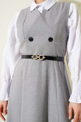 Düğme Detaylı Kemerli Jile Elbise Gri - Tesettür Elbise