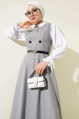 Düğme Detaylı Kemerli Jile Elbise Gri - Tesettür Elbise