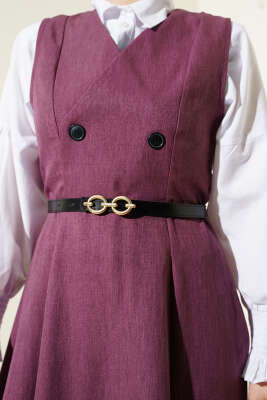 Düğme Detaylı Kemerli Jile Elbise Gül Kurusu - Tesettür Elbise