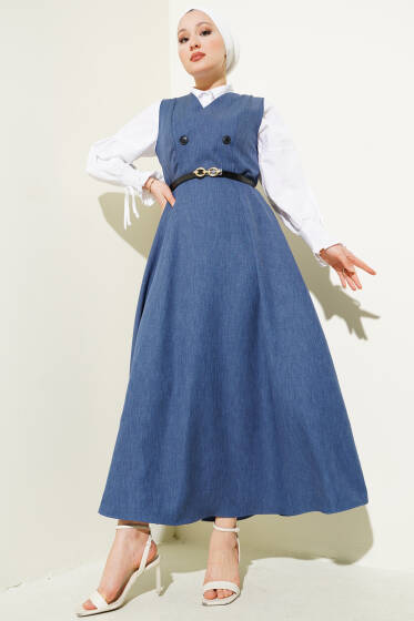 Düğme Detaylı Kemerli Jile Elbise İndigo - Elbise
