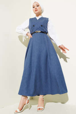 Düğme Detaylı Kemerli Jile Elbise İndigo 