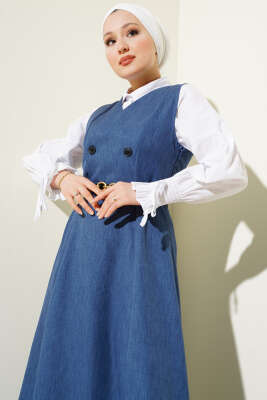 Düğme Detaylı Kemerli Jile Elbise İndigo - Tesettür Elbise