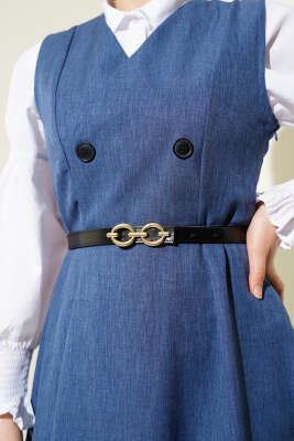 Düğme Detaylı Kemerli Jile Elbise İndigo - Tesettür Elbise