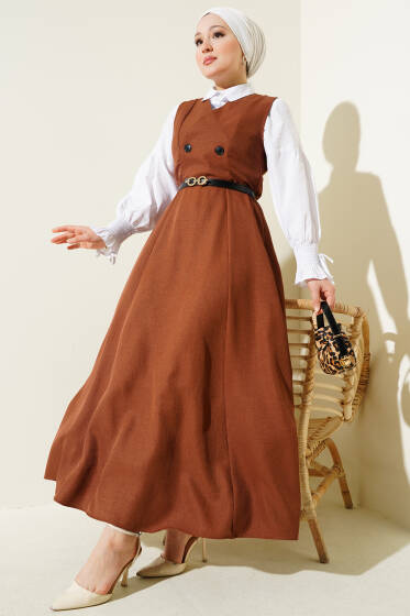 Düğme Detaylı Kemerli Jile Elbise Kahve - Elbise
