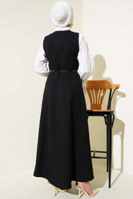 Düğme Detaylı Kemerli Jile Elbise Siyah - Tesettür Elbise