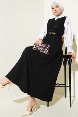 Düğme Detaylı Kemerli Jile Elbise Siyah - Tesettür Elbise