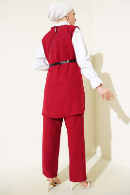 Düğme Detaylı Kemerli Üçlü Takım Bordo - 700-1000 TL Ürünler