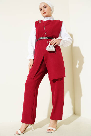 Düğme Detaylı Kemerli Üçlü Takım Bordo - İKİLİ TAKIM