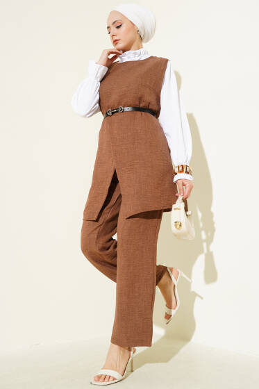 Düğme Detaylı Kemerli Üçlü Takım Kahve - İKİLİ TAKIM