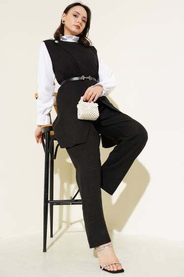 Düğme Detaylı Kemerli Üçlü Takım Siyah - İKİLİ TAKIM