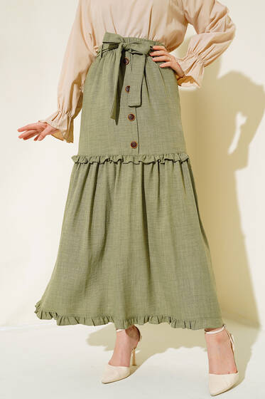 Düğme Detaylı Keten Etek Çağla Yeşili - Etek
