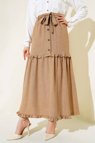 Düğme Detaylı Keten Etek Camel - Etek